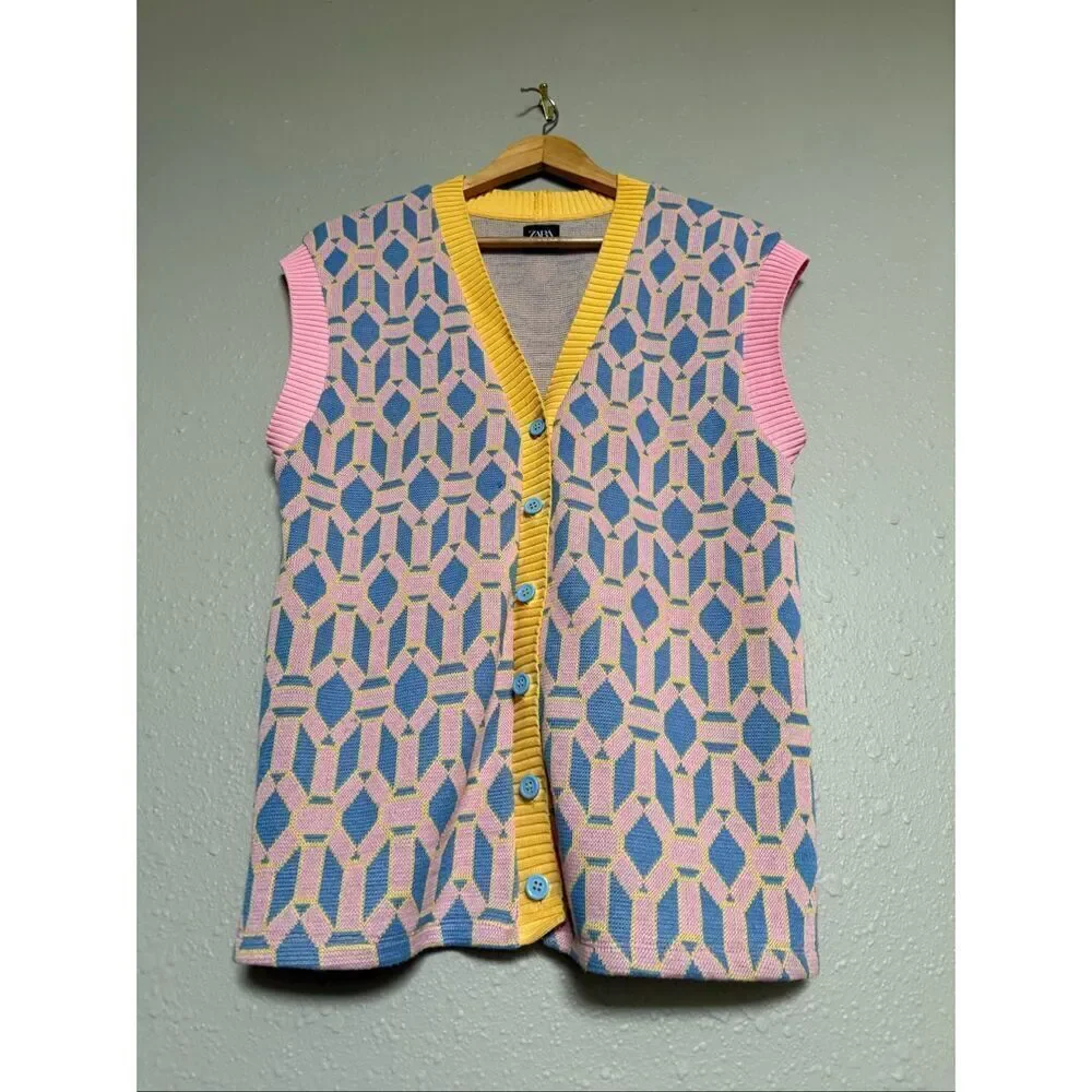 Zara Colorful Geometric Knit Button Sweater Vest Women Small